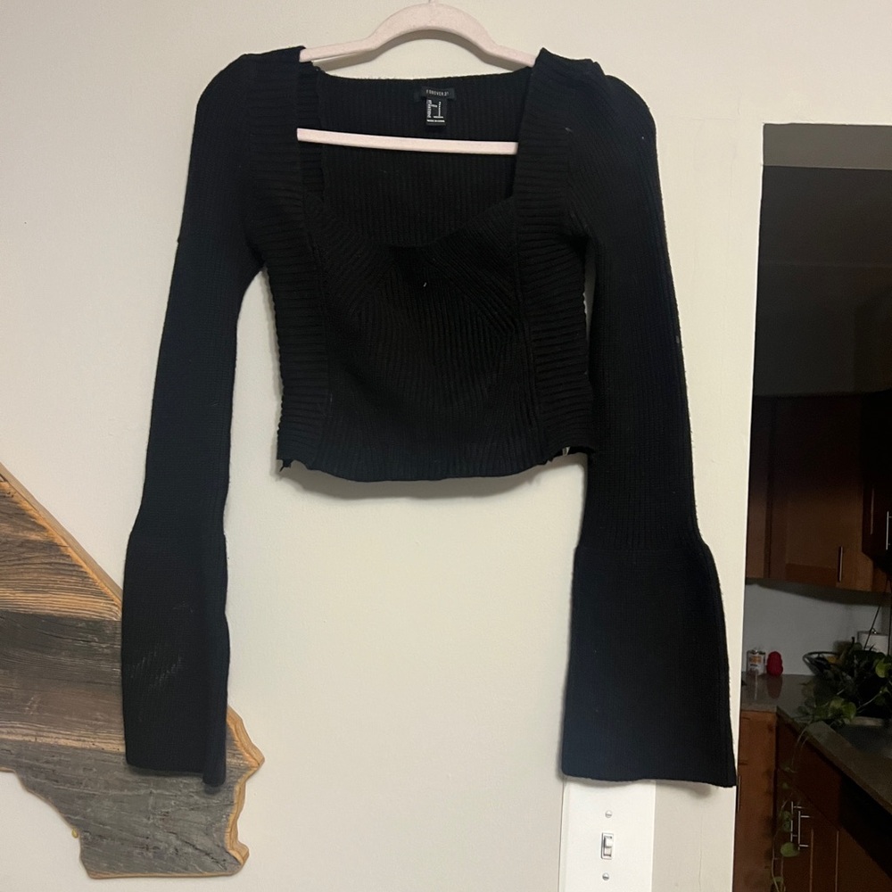 H&M Black Ribbed Square-Neck Long Sleeve Top